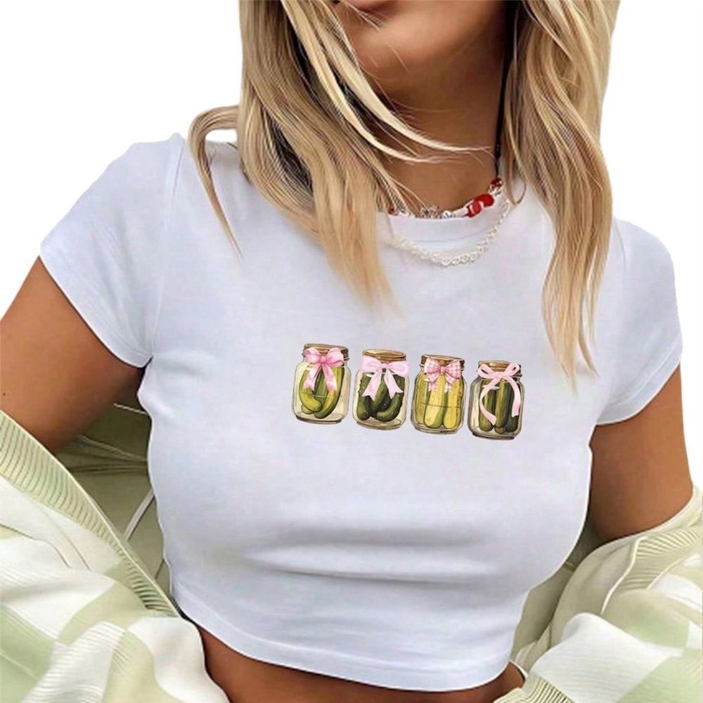 SHEIN White Crop Top with Pickle Jar Design. Size XS.